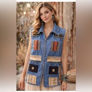 Beaded Retro CST Blues Denim Vest Western Embroidered Aztec Patch Measures XL
